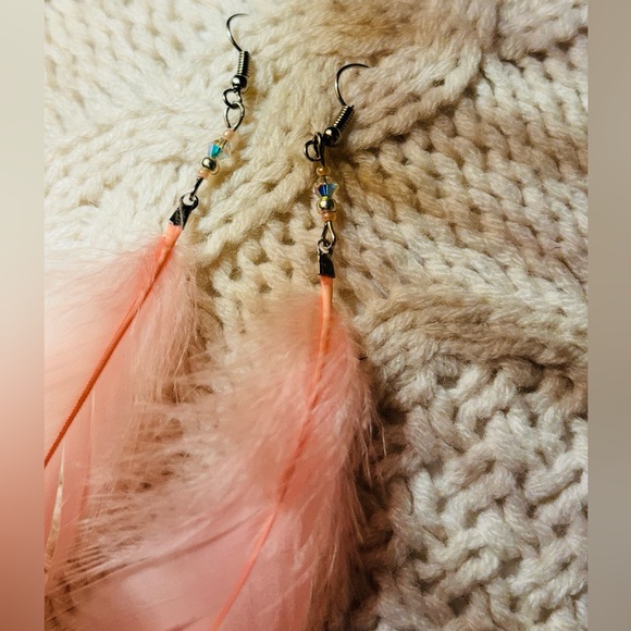 🪶 Peachy-Pink Boho Feather Festival Earrings | OOAK Handcrafted With Love 🍑 - Picture 5 of 13